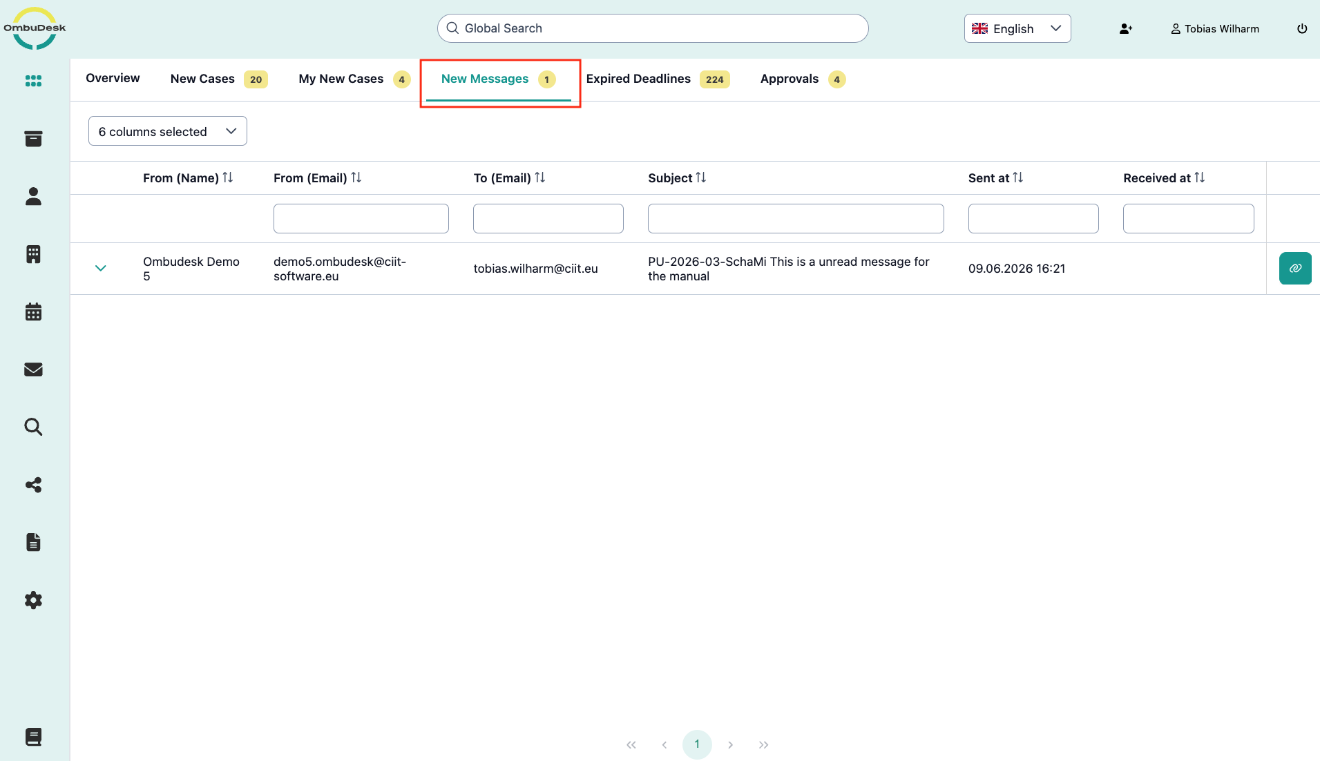 The image shows the OmbuDesk dashboard in the "New Messages" tab, which is highlighted in color in the navigation.