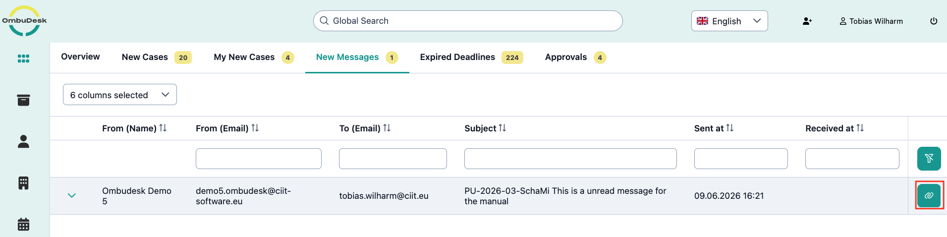 The image shows the new messages tab. The blue paperclip is highlighted in color to open the linked case.