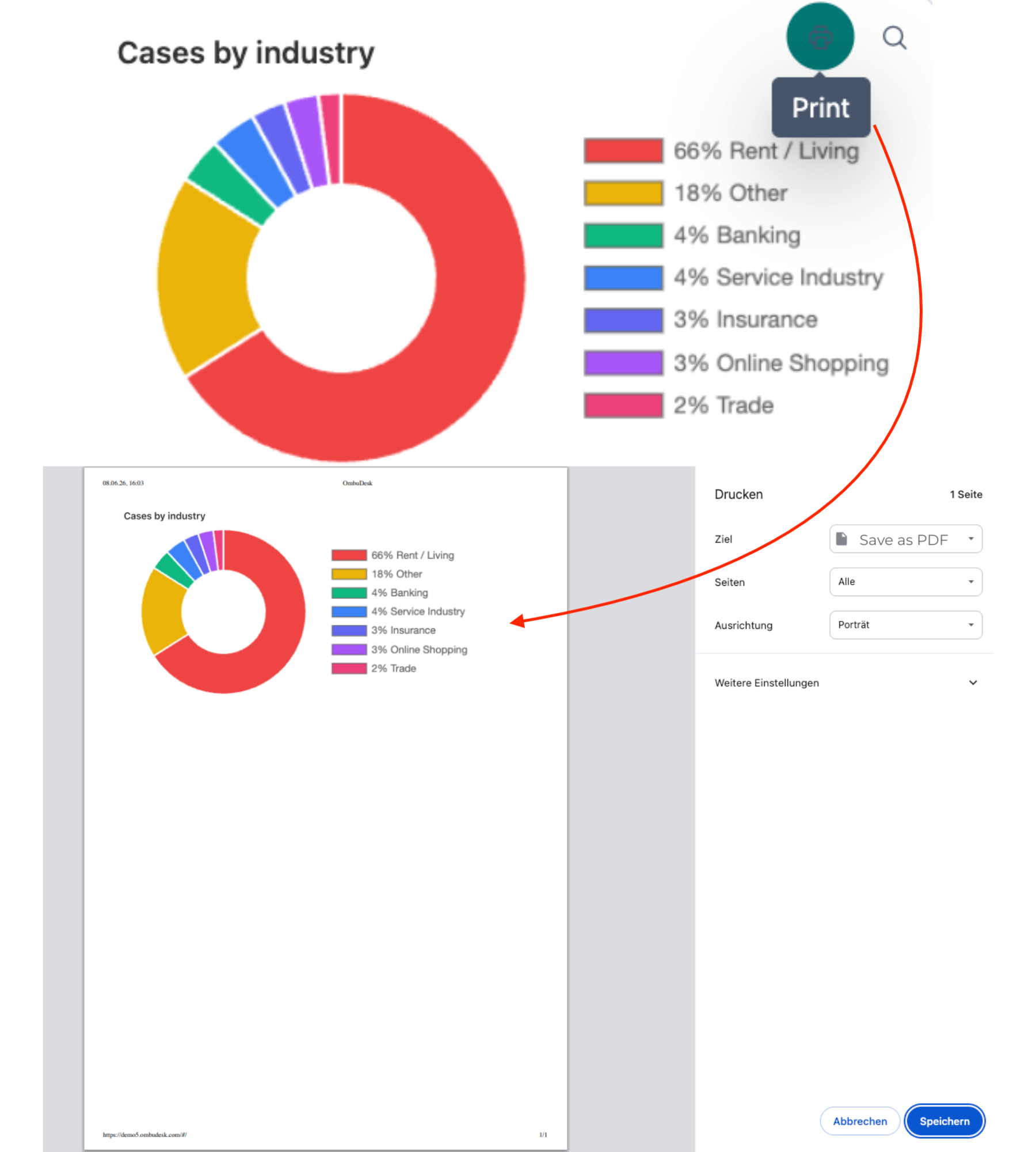 The image shows the print icon and the print preview if the user clicks on it.