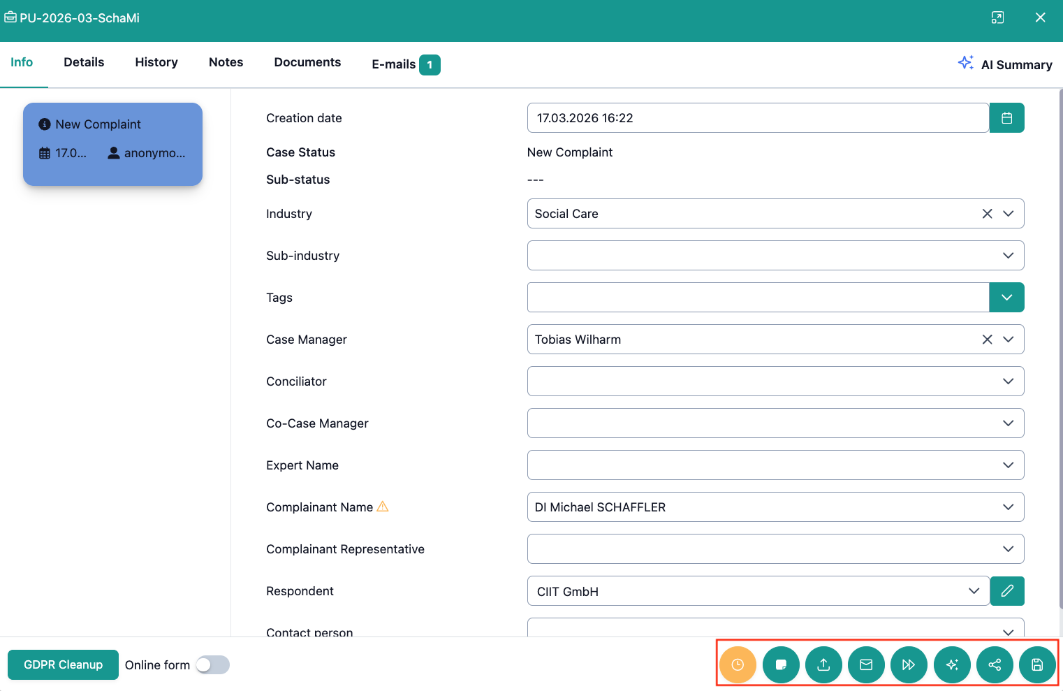 The image shows the digital file view in OmbuDesk, with the quick action bar at the bottom outlined in color.