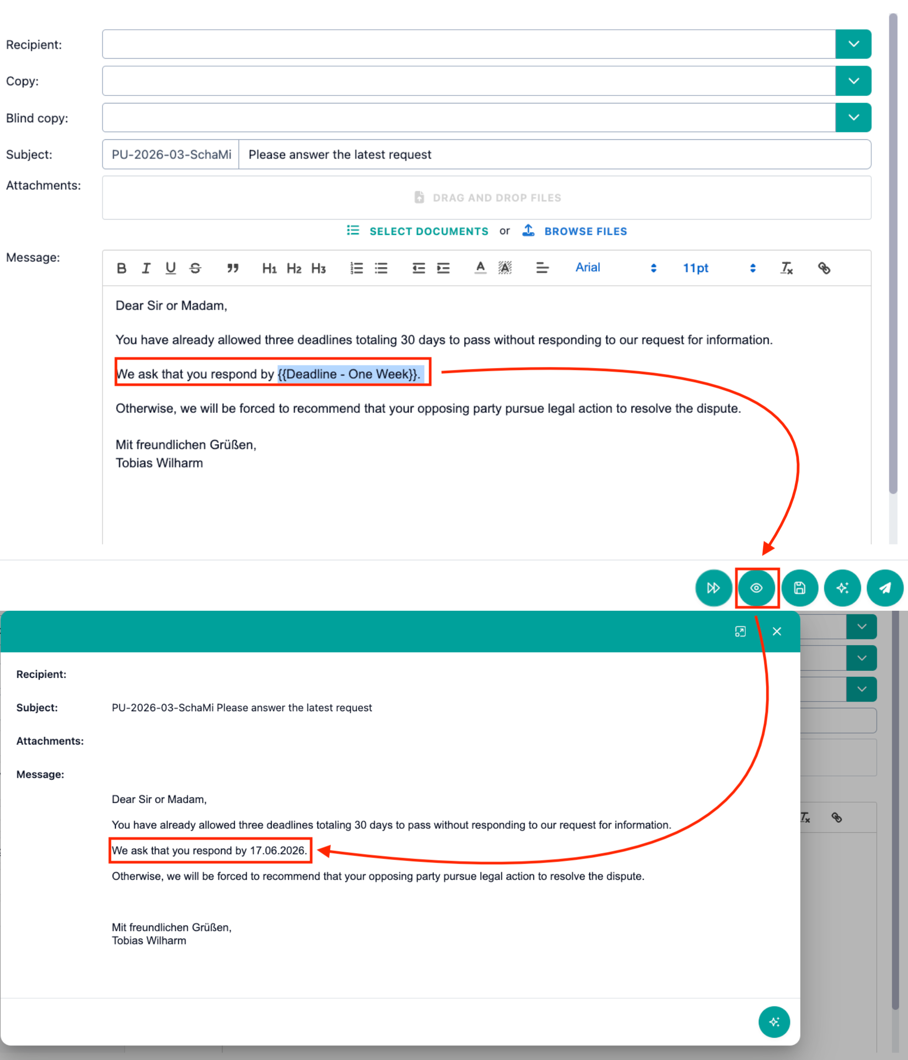 The image shows the email editor where text blocks and placeholders are marked and the marked action "Preview" to view the completed text.
