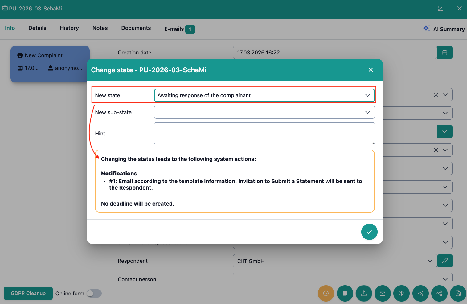 The image shows the status change and the notice of which linked actions (email dispatch/deadline setting) are performed with it.