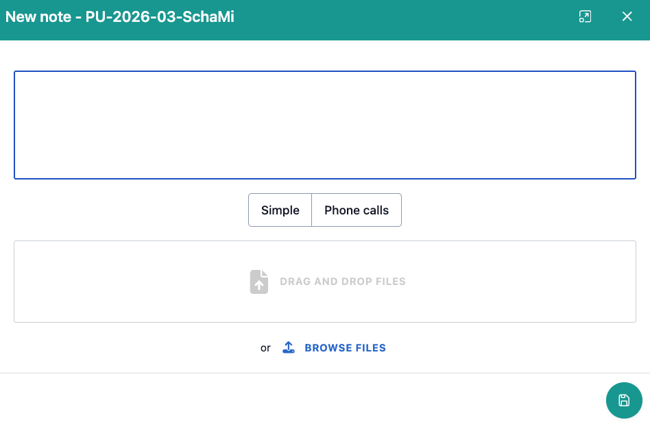 The image shows the dialog window when the quick action "Add note" has been clicked. You see a free text field and the selection of the category from "Phone call" or "Simple note".