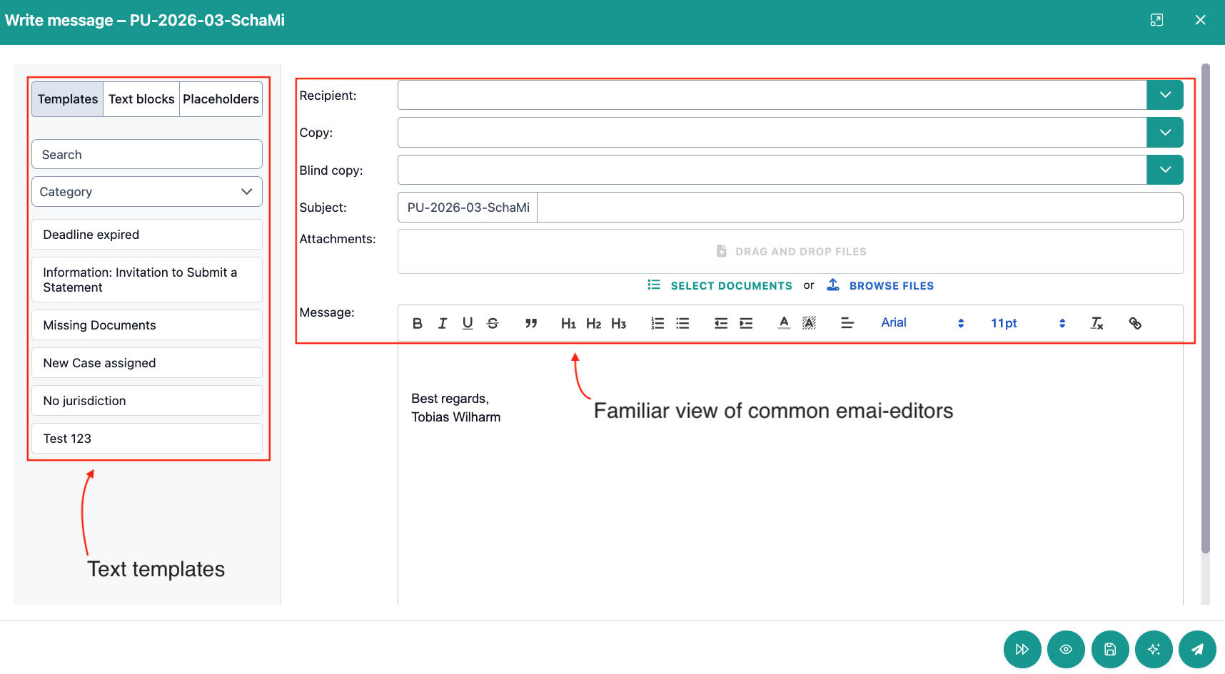 The image shows the email editor in OmbuDesk, which opens via the compose message quick action. Text templates and the design of the email editor, which resembles common editors, are marked.