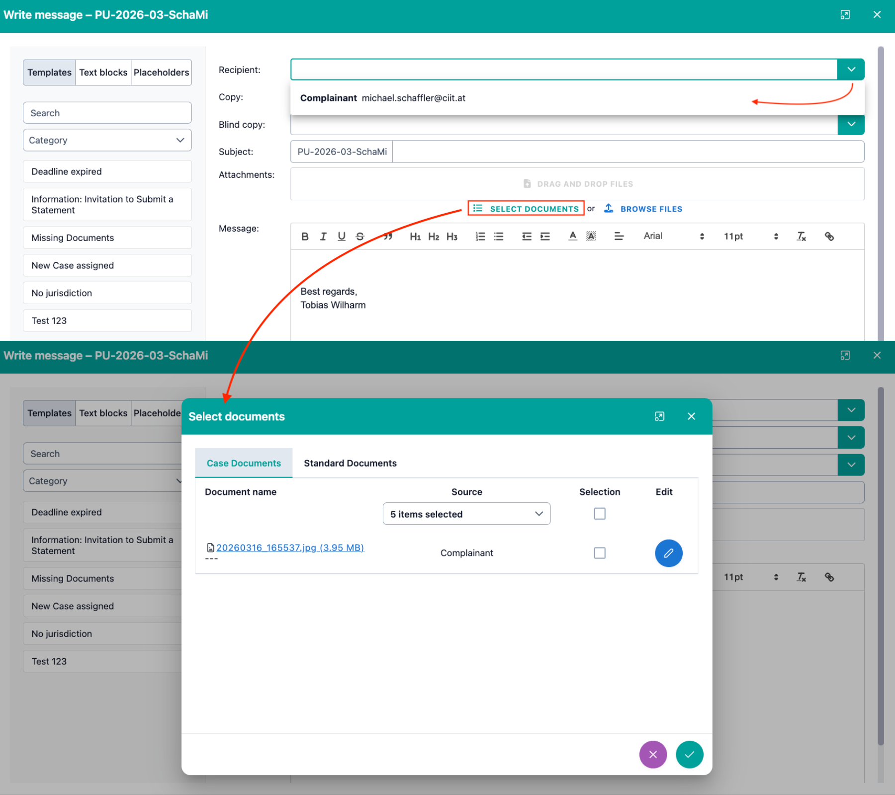 The image shows the pre-selection for recipients when composing messages and the pre-selection of documents already belonging to the file under "Select documents".