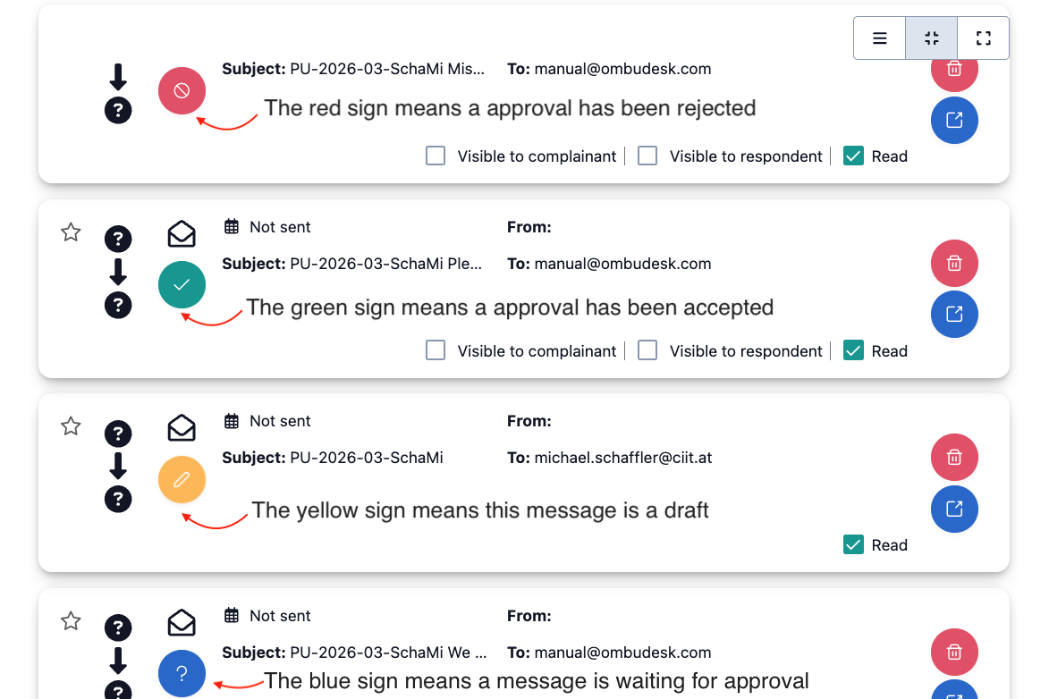 The image shows a draft and an approval in the email tab of the digital case file. The symbols for differentiation are described.