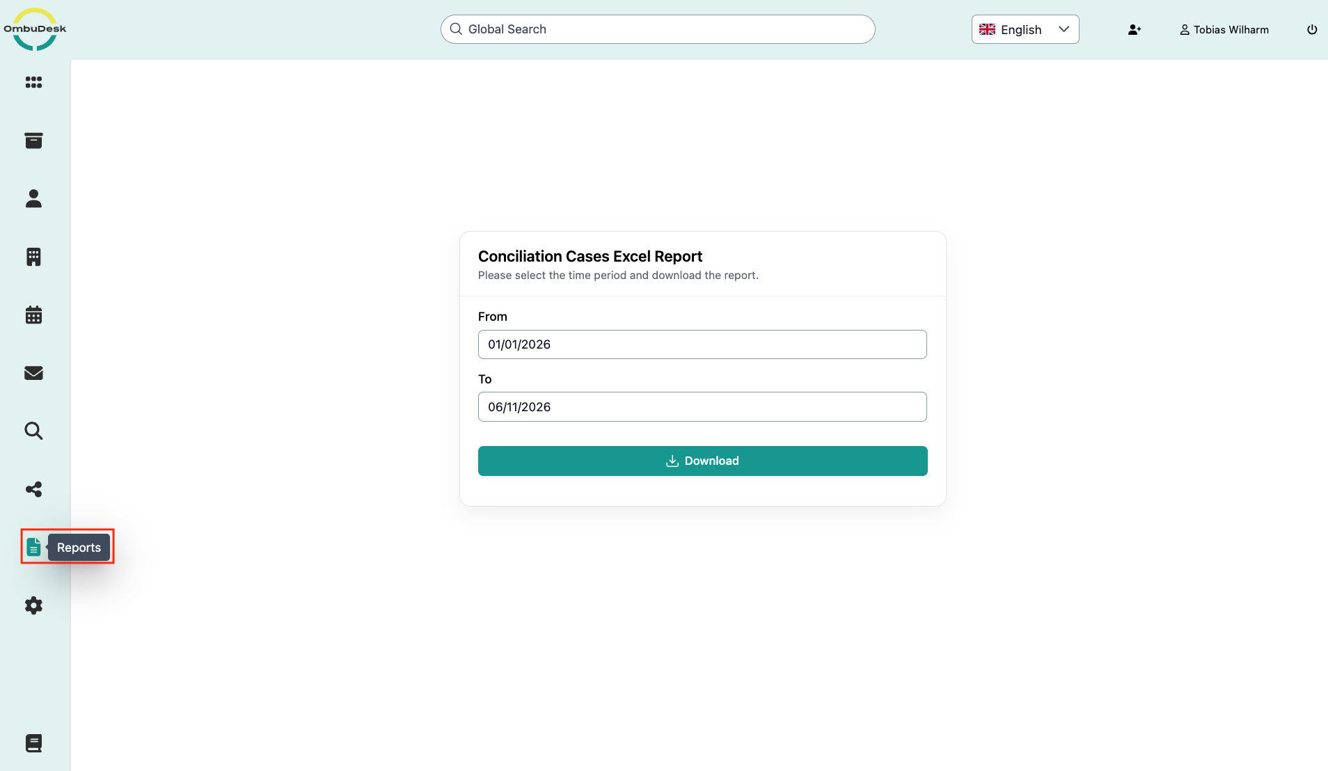 The image shows the view of the reports. In the left navigation bar, the report tab is outlined in red.