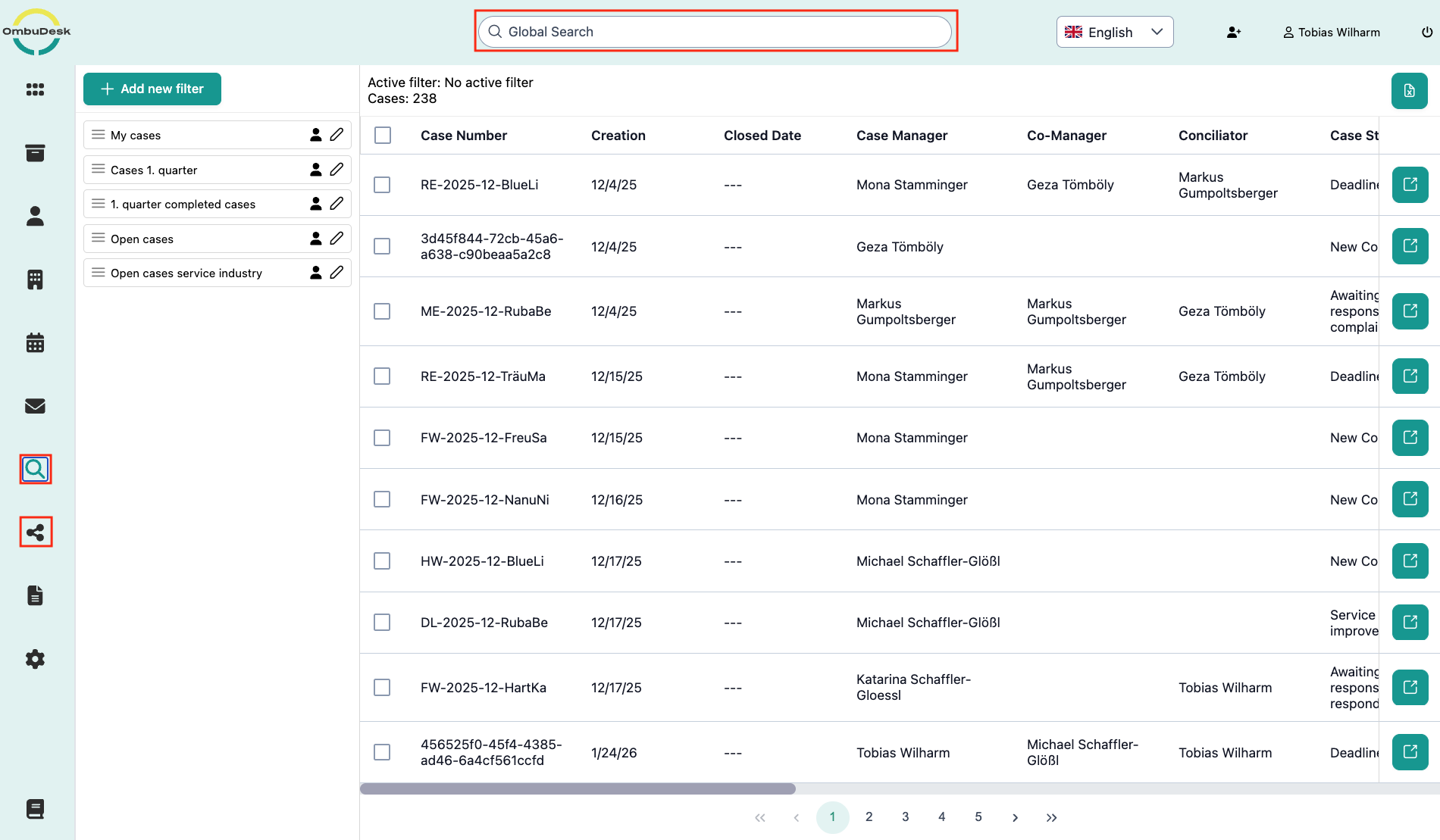 The image shows the location of all 3 search functions in OmbuDesk. The global search is outlined in red at the top, the filter search and similarity search are outlined in red on the left in the navigation.