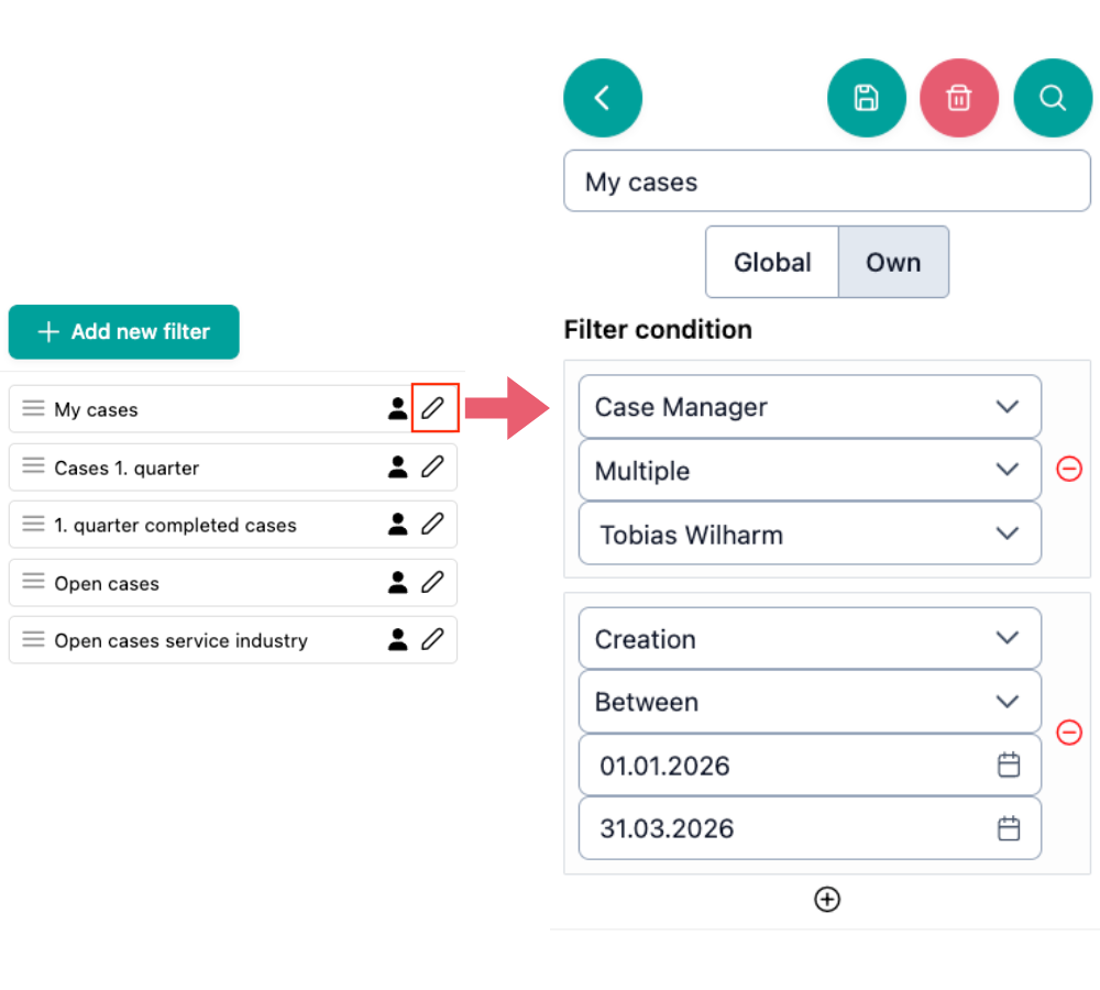 The image shows the editing of saved searches via the pencil symbol outlined in red. Additionally, the image shows the possible changes mentioned in the previous line.