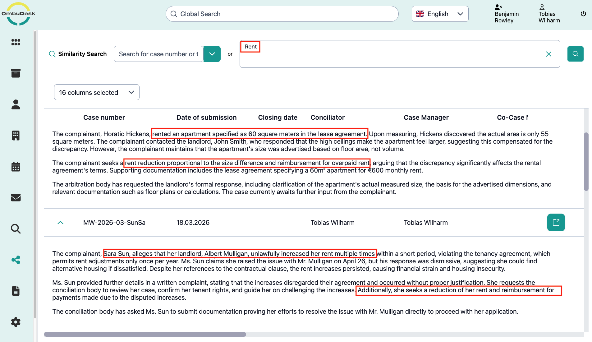 The image shows the similarity search with the word "Rent", where related cases are displayed and the corresponding content is highlighted.png