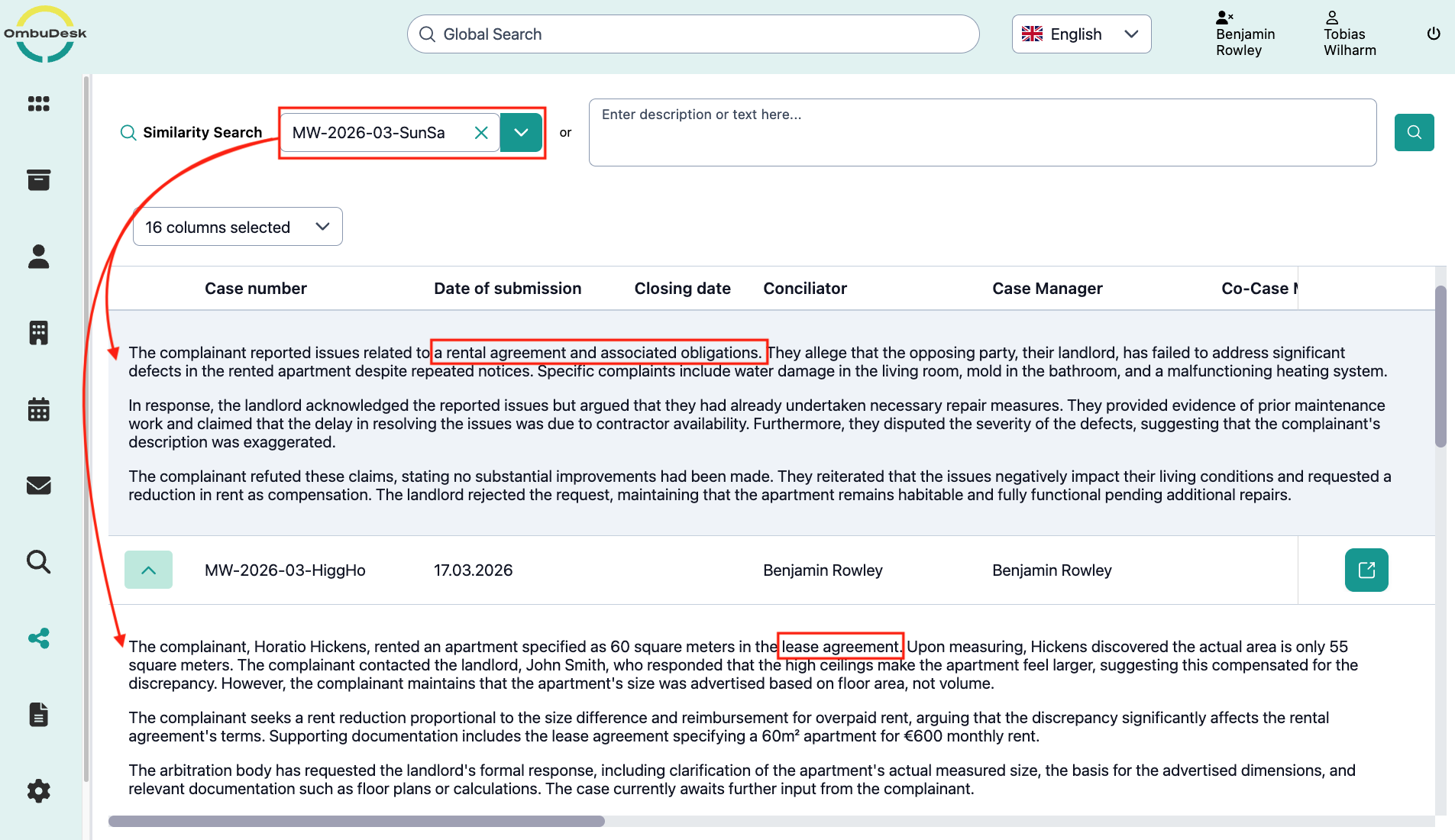 This image shows the result of using the similarity search in an existing digital file as quick action and thus finding similar cases.