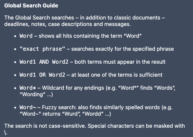 The image shows the search hints for global search, with which users can refine their search