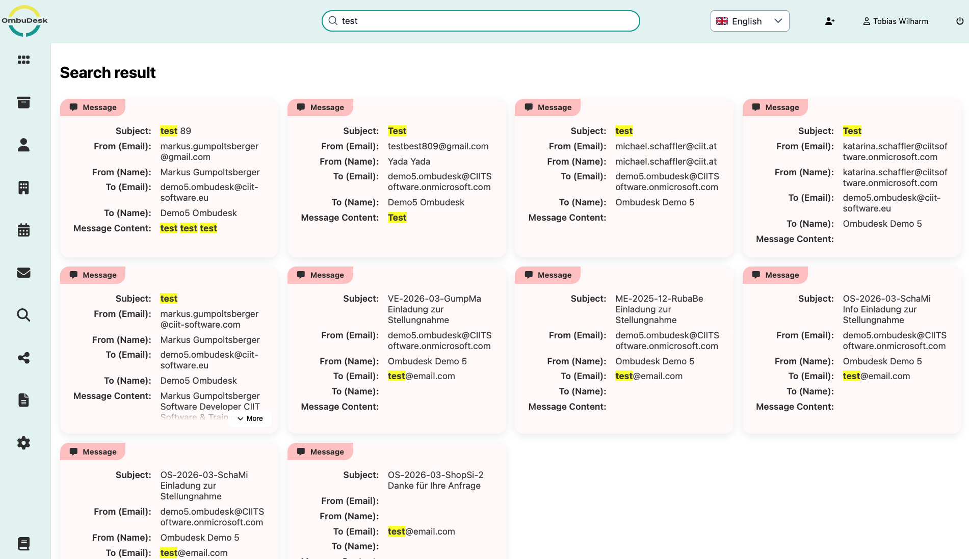 The image shows exemplary search results for the word "Text". OmbuDesk highlights the found word in yellow for all results, and the results are displayed grouped by the type of results.