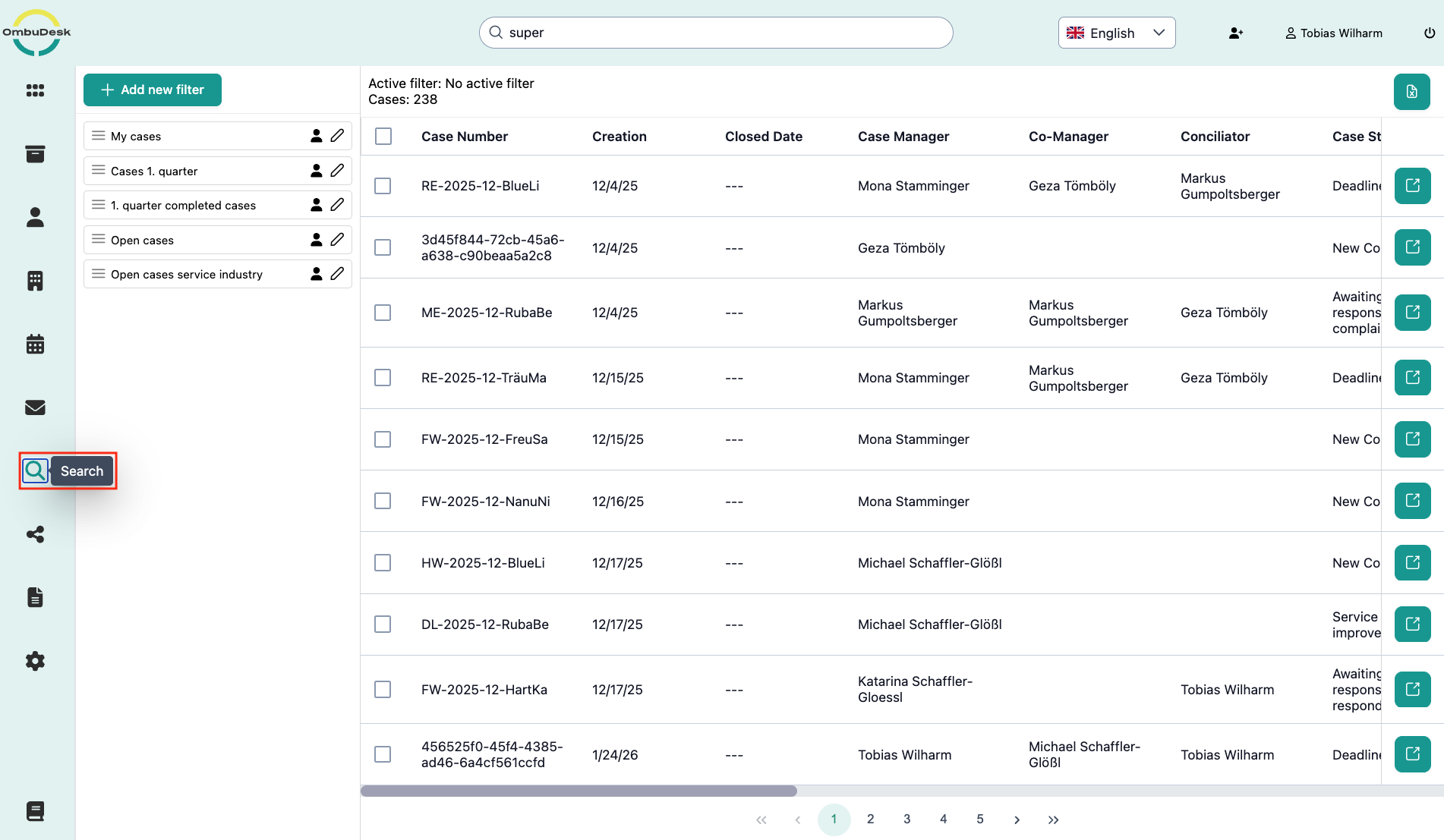 The image shows the filter search as a view, and the filter search is outlined in red in the left navigation bar.