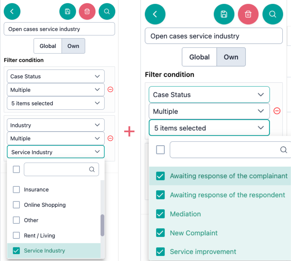 The image shows the filter search with the conditions Case status, all case statuses that are not yet completed, and in the Industry only Services