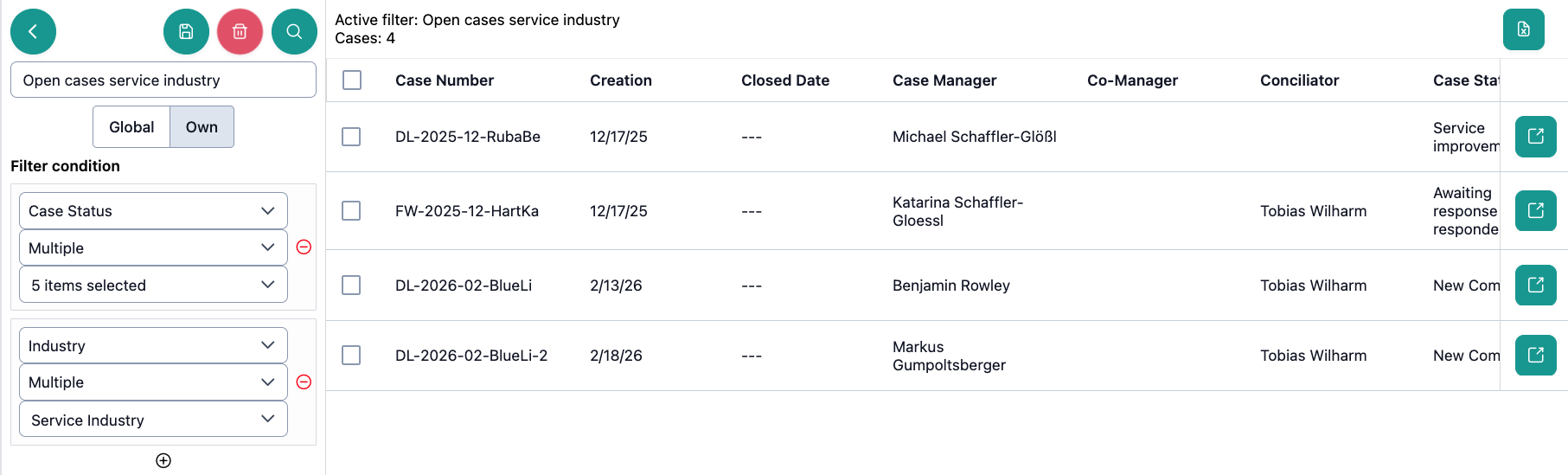 The image shows the result of the filter search for open cases in the filter search view.