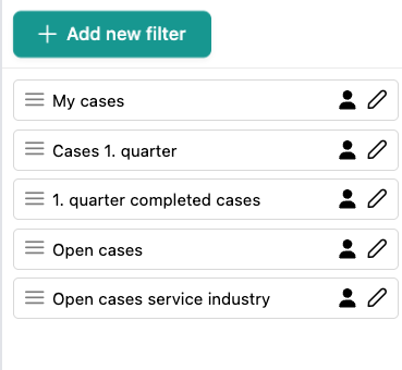 The image shows the button to create new filter searches and some saved filter searches