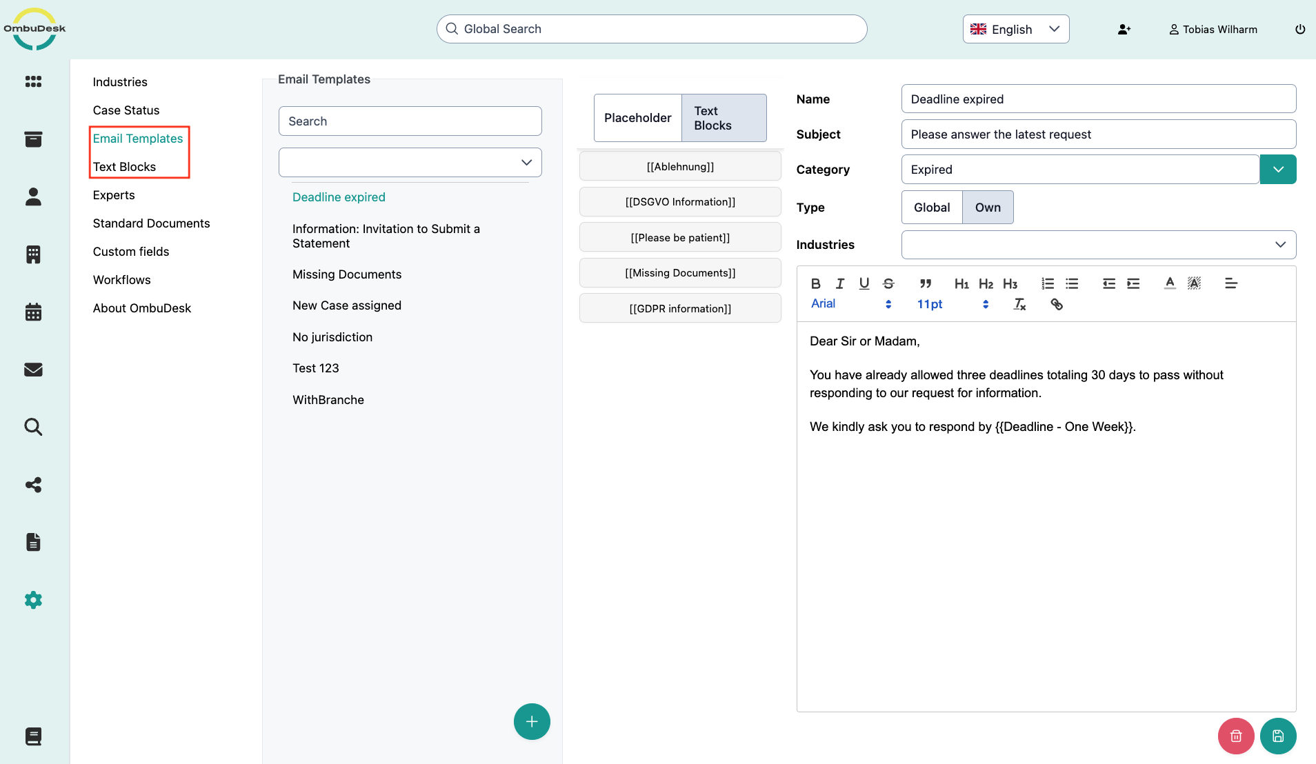 The image shows the settings interface for e-mail templates. The subcategories for e-mail templates, text blocks and placeholders are highlighted in color.