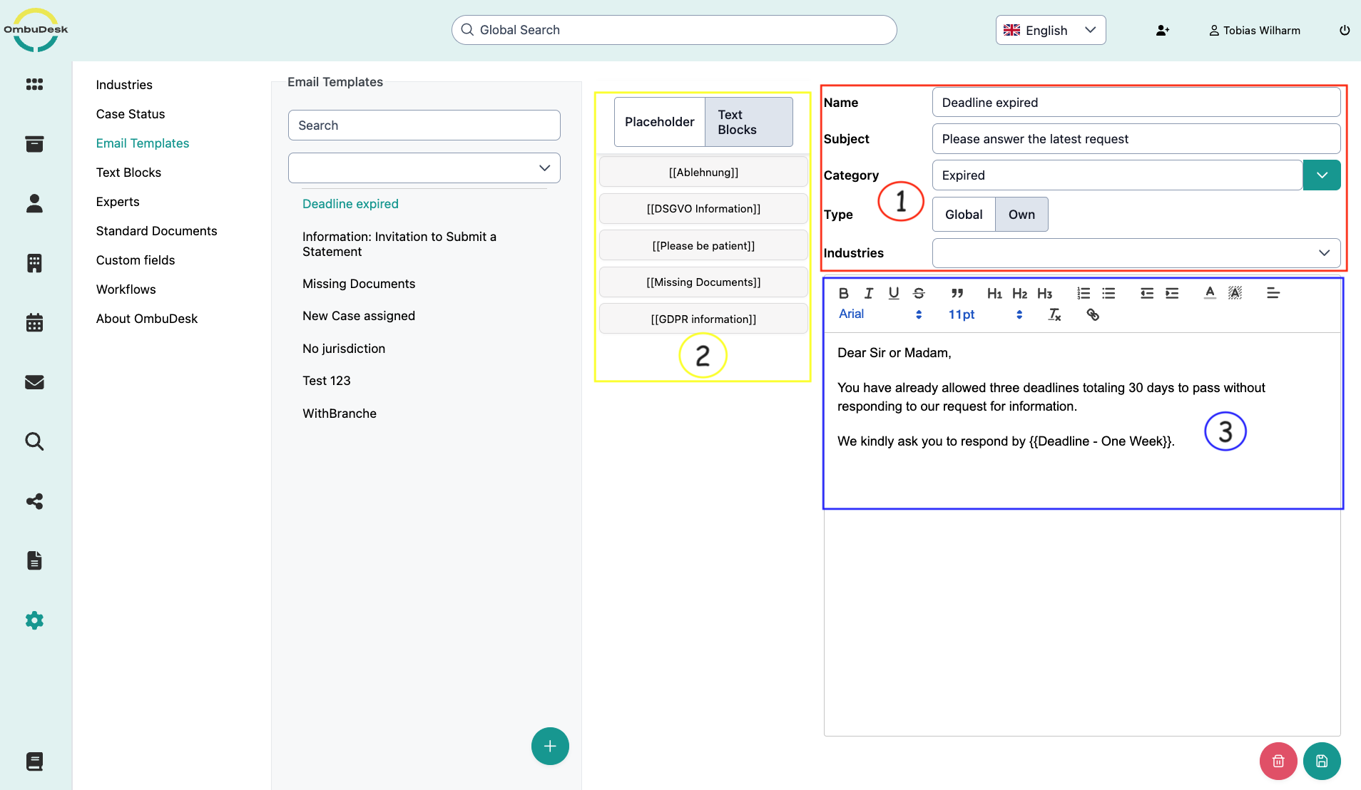 The image shows the customization options in the settings area of the e-mail templates. Numbered are 1. the details for the template, 2. the placeholders and text blocks that can be inserted and 3. the e-mail editor.