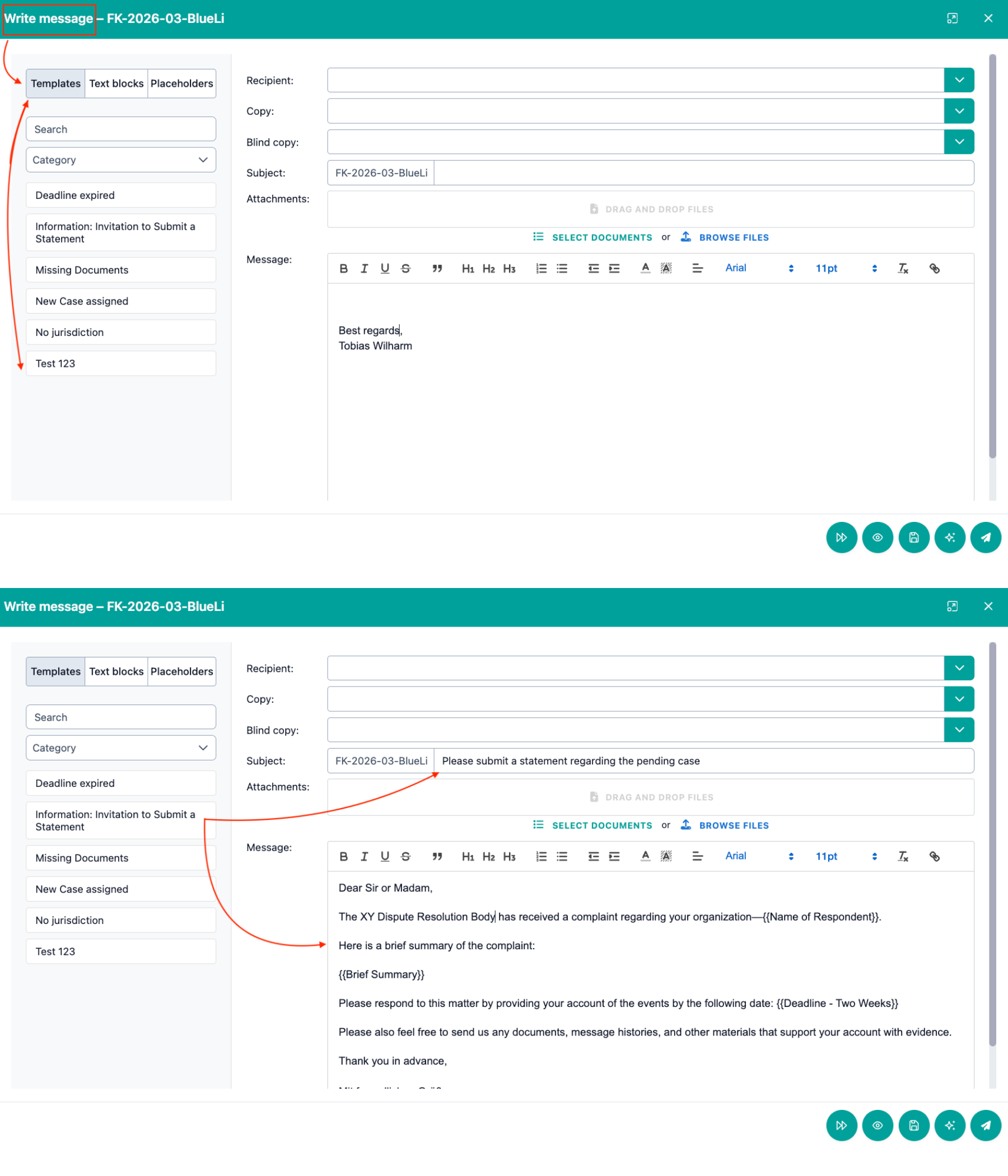 The image shows the exemplary &amp; manual use of e-mail templates in the compose message window of OmbuDesk in the digital case file