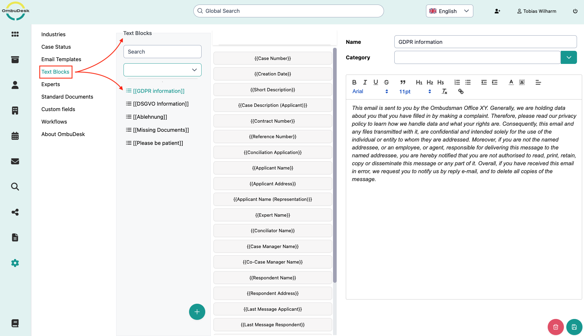 The image shows the settings area for text blocks in OmbuDesk.