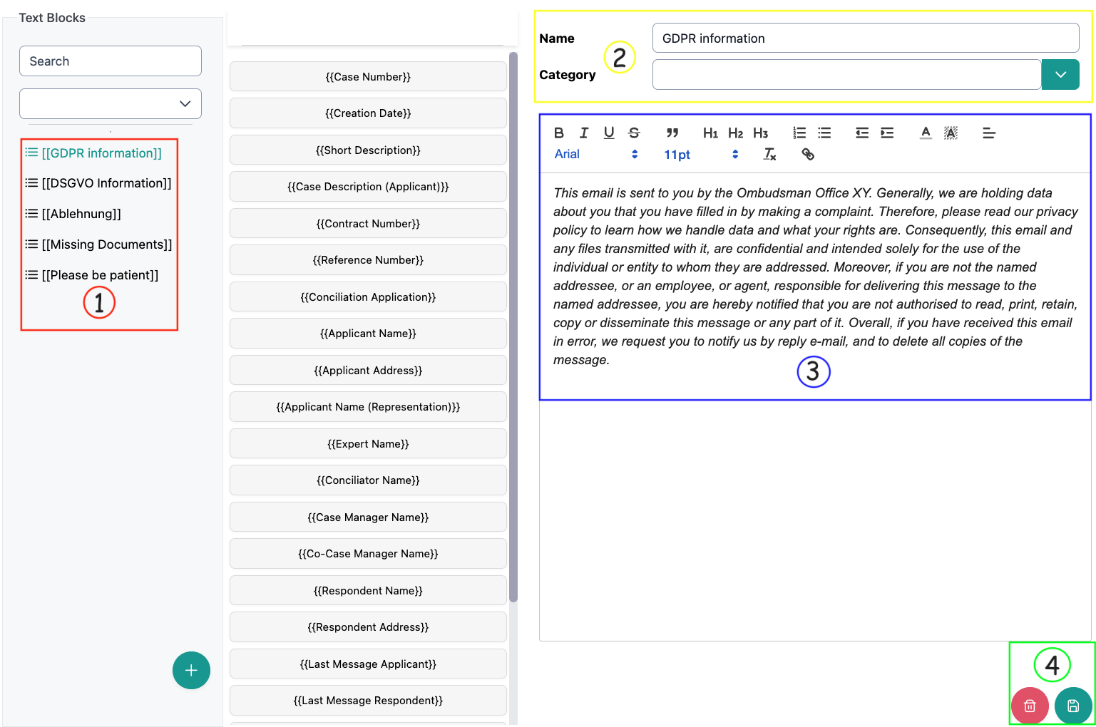 The image shows the settings area for text blocks in OmbuDesk. The selection list, name, category, editor and delete / save are highlighted and labeled.