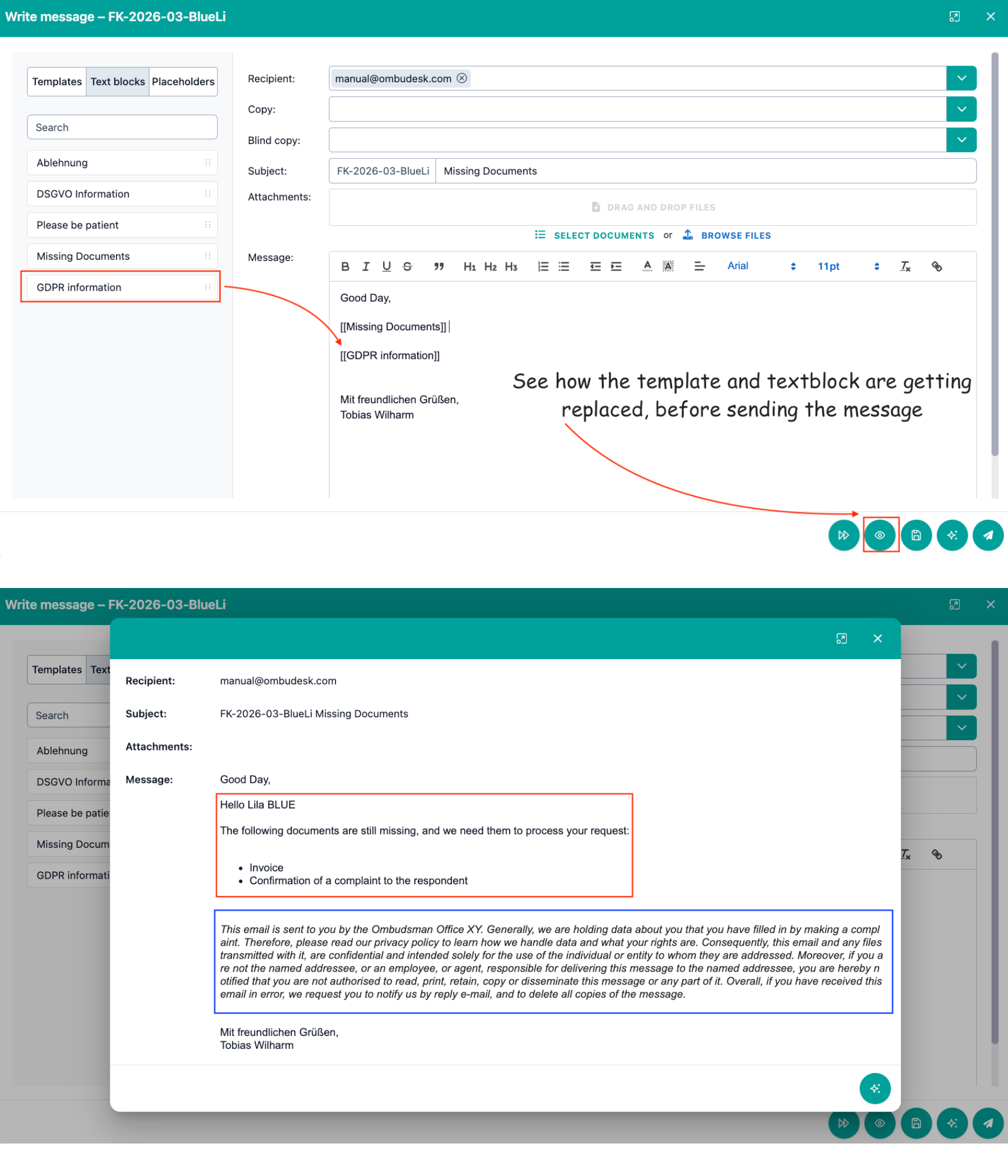 The image shows composing messages with text blocks and the preview to show how the text block is replaced by text before sending.