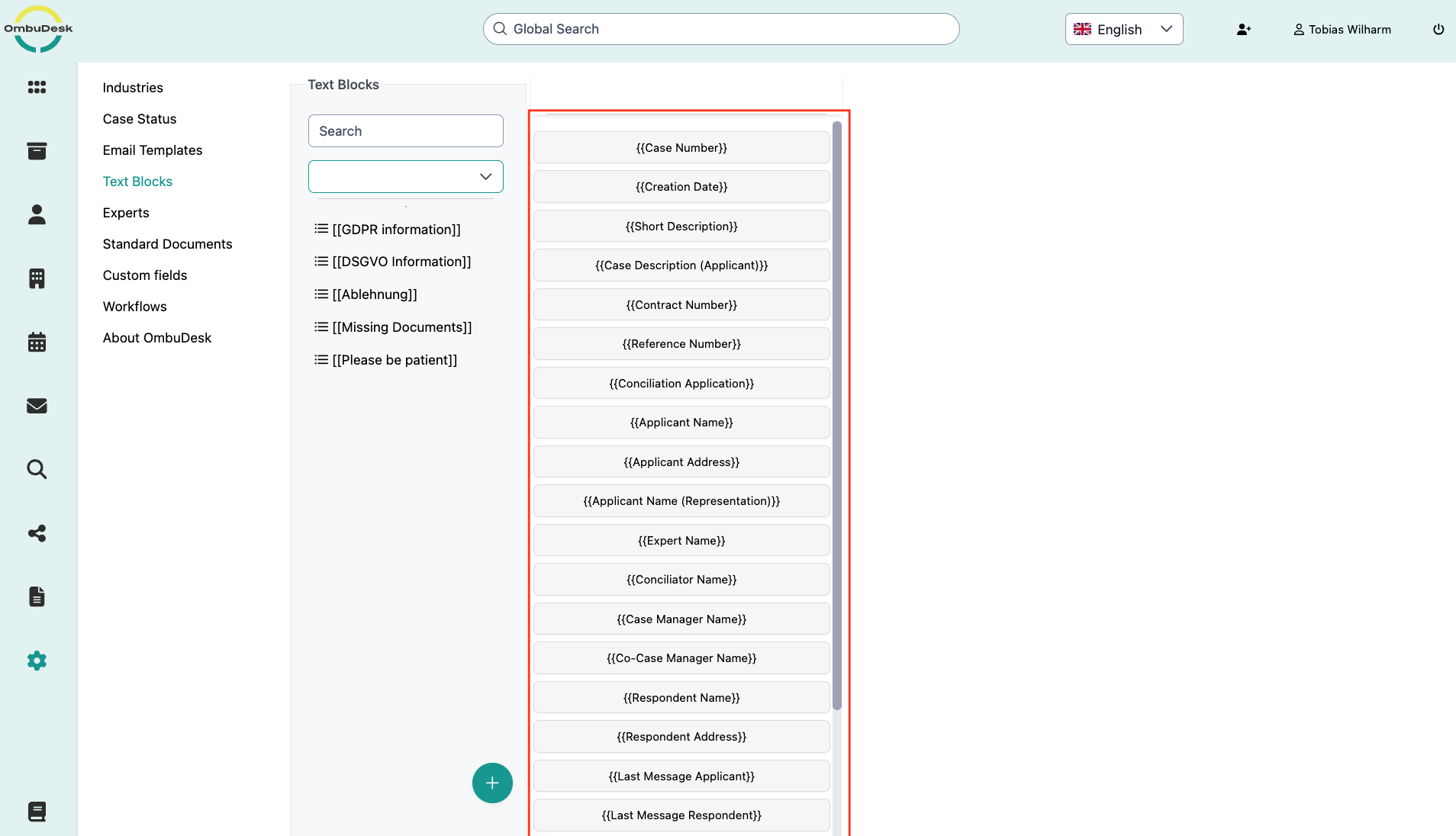 The image shows the settings area for text blocks, in which the placeholders are framed in red.