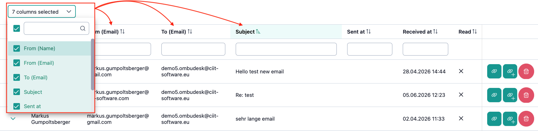 The image shows all filter or search functions in unassigned messages and how the column view of the table can be manipulated with them.